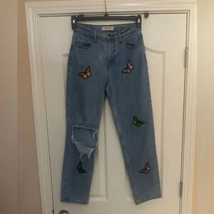 Vibrant M.U.I. Ripped Butterfly‎ Embroidered Patchwork Jeans. Size 5 (W26).